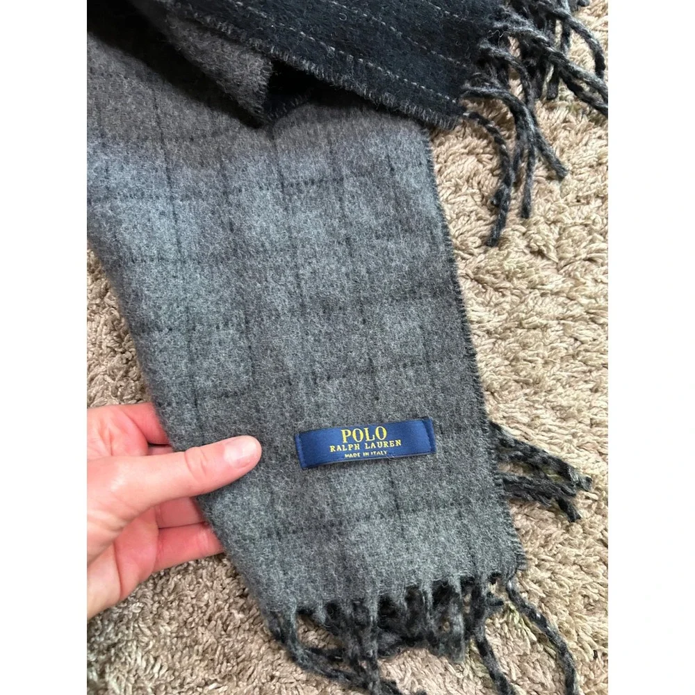 Polo Ralph Lauren Scarf Reversible‎ Gray Plaid Striped Made in Italy Preppy Chic